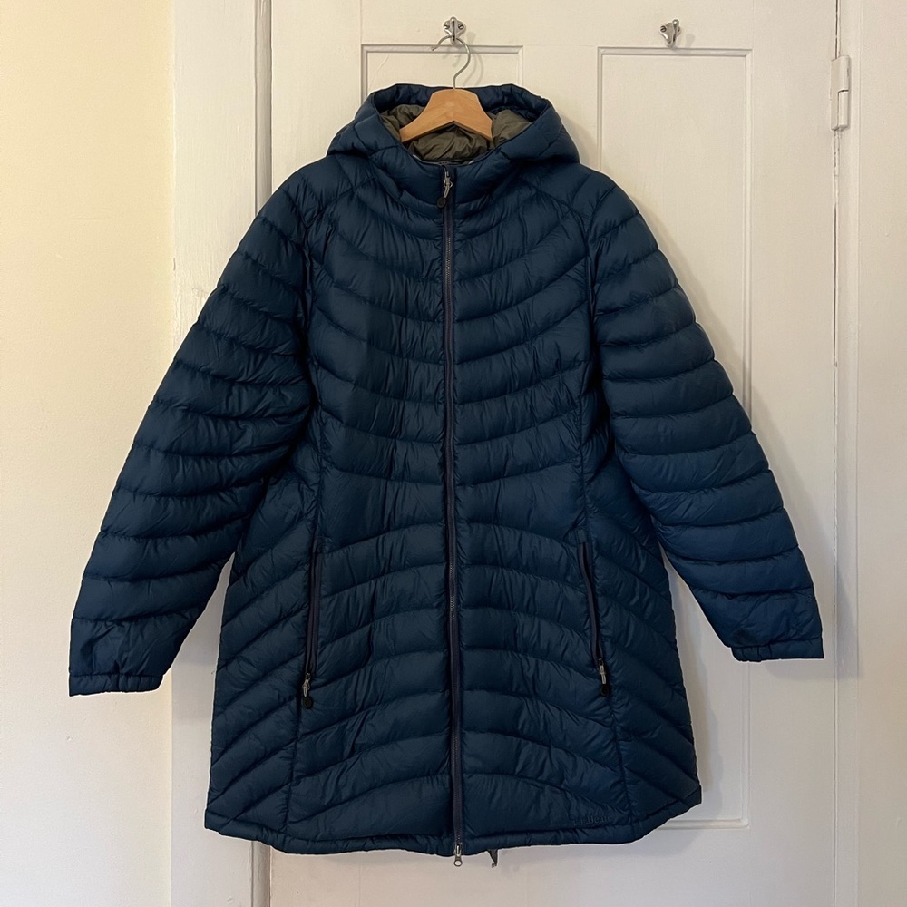 Women's Ultralight 850 Down Hooded Coat, Three-Quarter Length Mariner Blue